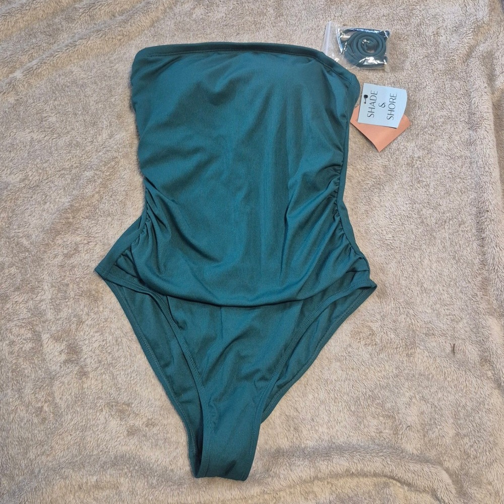 Shade & Shore Women Ribbed Bandeau One Piece Swimsuit Teal Green High Leg M 8-10